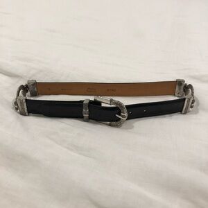 Vintage 1990s Black Leather Belt with Etched Silver